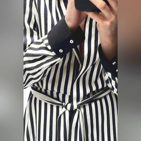 BLOGGER'S FAVE!  Zara PRINTED MIDI SHIRT DRESS stripes maxi dress navy blue - Picture 8 of 13